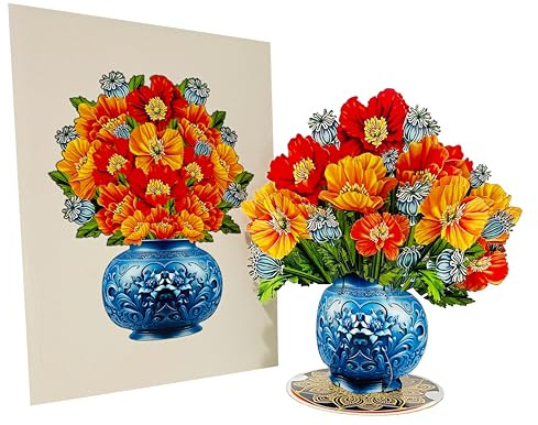 Seyal Biglietto pop-up 3D con bouquet di papaveri, con bouquet di fiori di carta staccabile, regalo per compleanno, anniversario, ringraziamento, tutte le occasioni, include nota