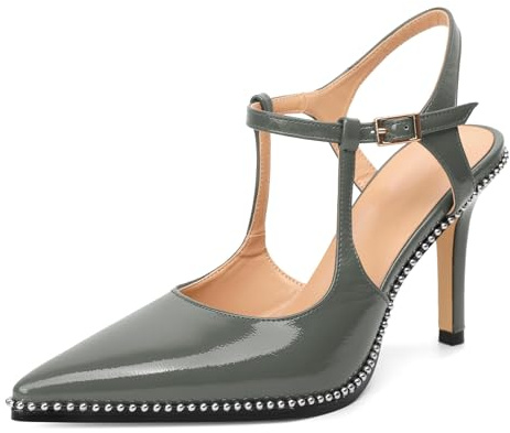 SAMMITOP Women's Closed Toe High Heels Stiletto Pointed Toe Ankle Strap Pumps Sandals Beaded Dressy Shoes Wrinkled Green Patent 3.5 Inch Size 8