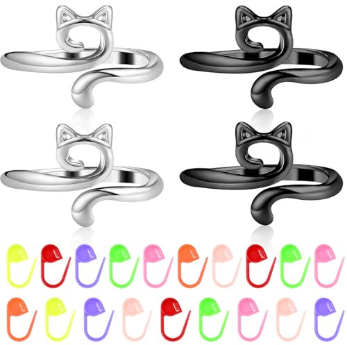 Tyqour 24 Stück Metall Häkelring Verstellbare Katze Häkel Ring für Finger, Häkelringe Finger Strickschlaufe Ring DIY Katzenohren Stricken Häkeln, Silber Häkelringe zum Häkeln, Edelstahl Crochet Ring
