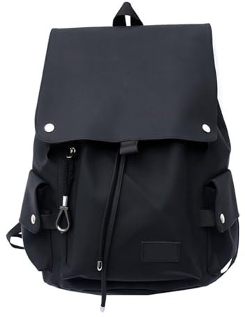 Morain Wasserabweisender Rucksack im Motorrad-Stil, großes Fassungsvermögen, PU-Leder, Klappe, Kordelzug, Schulschul-Schulterbuch, Schwarz , 9.36x8.2843in