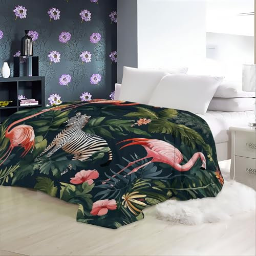 Kuscheldecke 220 x 240 cm Weich und Gemütlich Sofadecke Aquarell Heiß Tiere Mit Blumen Drucken Decke für Kinder Jungen Mädchen Dunkelgrün Winter warm halten Raumdekor Wohndeckes