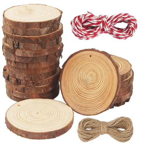 Rodajas De Madera Círculos 9-10cm,20 Piezas Troncos Madera Decoracion con 2 cuerdas de algodón,perforación Discos de Madera Natural sin Termina,para bricolaje,manualidades,bodas,decoraciones navideñas