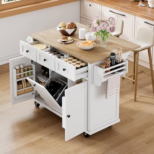 Generisch Isola della cucina indipendente con piano di lavoro pieghevole, mobile da cucina su 5 ruote, con pattumiera, 3 cassetti e 2 ante, per cucina e sala da pranzo (bianco)