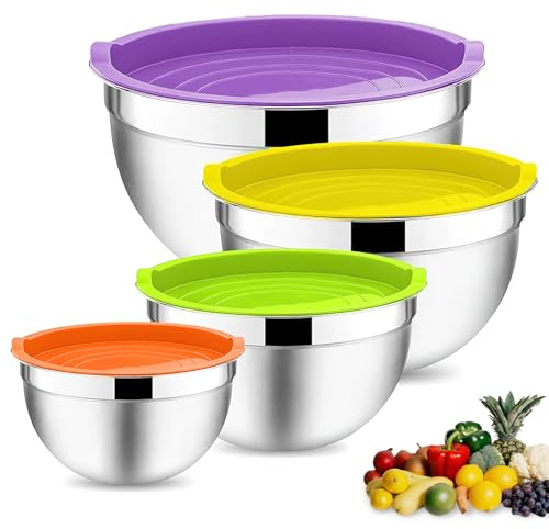 Ausune Set di 4 ciotole per insalata in acciaio inox con coperchio ermetico, perfette per cottura/cucina/preparazione, impilabili e lavabili in lavastoviglie, 2,8/1,6/1,2/0,7 l, multicolore