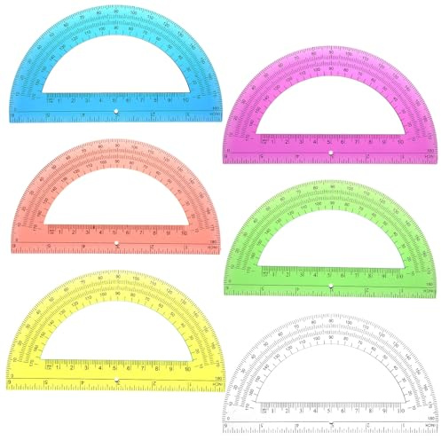 6 Pack 6 Inch Math Protractor Set, Plastic Protractors, Translucent Protractors 180 Degrees for Angle Measurement, Geometry (Yellow, Green, Blue, Orange, Purple, Transparent)