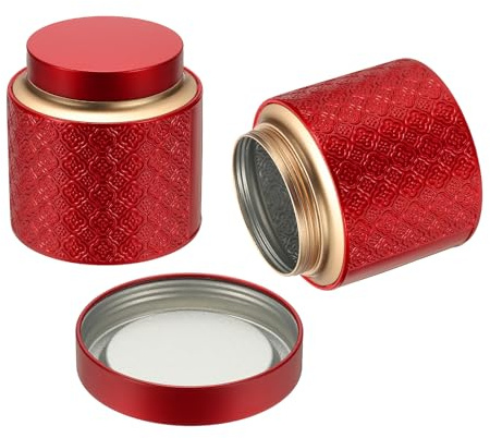 Uxcell 2 botes de té redondos de 4.13 x 4.17 pulgadas con tapas, almacenamiento de té suelto de metal grande para almacenar galletas, dulces, café, regalos, velas, almacenamiento de viaje, color rojo