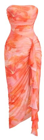 GORGLITTER Floral Strapless Dresses for Women UK Ruched Asymmetrical Ruffle Trim Slimming Midi Cocktail Bandeau Dress