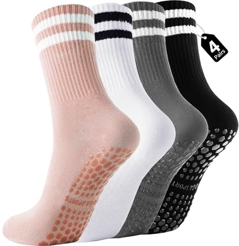 Yikki Calcetines de pilates antideslizantes para mujer, paquete de 4 calcetines reformadores de yoga para ballet, baile, entrenamiento, fitness, gimnasio, trampolín, hospital, uso doméstico
