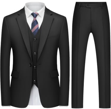QUELDRA Men's Suits 3 Piece Slim Fit 1 Button Business Formal Black