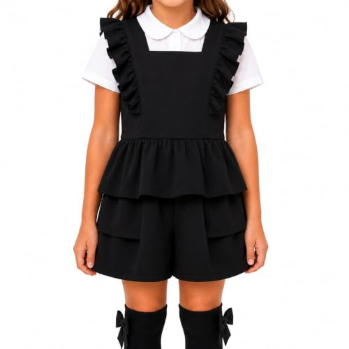 Girls Boutique School Pinafore Playsuit | Layered Ruffle Skort with Hidden Shorts | Soft Comfortable School Uniform | Ages 4–12 Years (Black, 8 Years)
