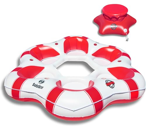 SOLSTICE Inflatable Tube Float – Heavy-Duty Material with Grab Handles for Pool, Lake & River – Compact with Backrest, Mesh Base, Cupholders & Rope – 6-Person, White & Red, 100 – Super Chill