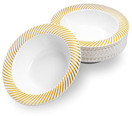 MATANA 20 Cuencos de Plástico Blanco con Borde Dorado, 360ml - Platos Hondos - Resistente y Reutilizable - Bodas, Cumpleaños, Bautizos, Navidad, Barbacoas, Fiestas