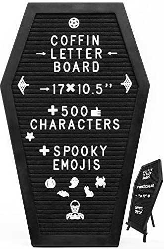 Sarg-Briefbrett, schwarz mit gruseligen und gruseligen Emojis + 500 Charakteren und Holzständer, 43,2 x 26,7 cm, Gothic-Halloween-Dekoration, gruselige Geschenke, Dekorationen