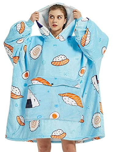 Wenlia Sherpa Hoodie Sudadera Manta para Mujer, Manta Extragrande con Estampado Sherpa con Capucha Gigante de Franela de Invierno para TV, Talla única, Regalo Ideal para niñas