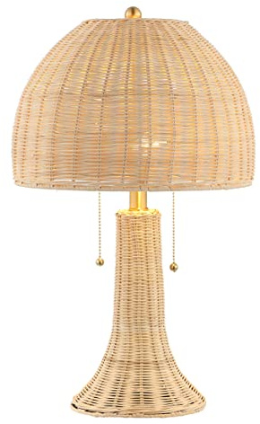 JONATHAN Y 13.0 Natural/Brass Gold Bohemian Rustic LED Table Lamp for Bedroom, Natural Rattan Shade, Farmhouse Coastal Nightstand Lamp for Living Room, LED Bulbs Included JYL4040A