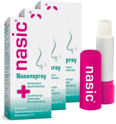 nasic Nasenspray mit dem Wirkplus | Abschwellendes & wundheilungsförderndes Schnupfenspray für Erwachsene & Schulkinder | Mit Xylometazolin & Dexpanthenol | Sparset 3 x 10 ml inkl. Lippenpflegestift