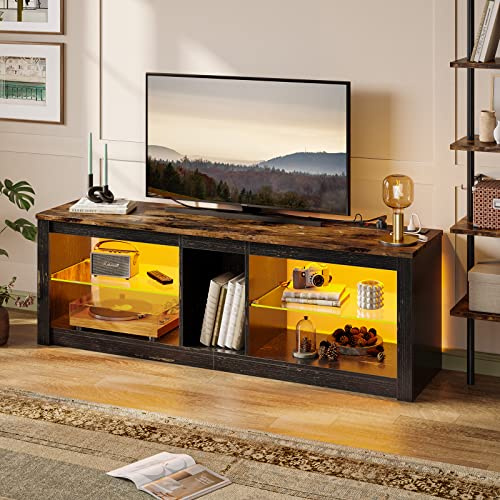 Bestier 140cm TV Stand for 65 Inch TVs, Modern Entertainment Unit with RGB LED Lights, Glass Shelves, Power Outlets & USB Ports, Golden Black Media Cabinet for Living Room or Bedroom