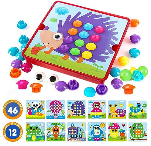 GothicBride Mosaik Steckpiel für Kinder, Montessori Spielzeug ab 3 Jahren, Steckspiel mit 46 großen Perlen und 12 bunten Karten, pädagogisches Lernen Spiele 3 Jahre