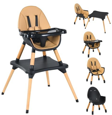 COSTWAY 4-in-1 Babyhochstuhl, Hochstuhl & Essstuhl & Kinderstuhl & Kindersitzgruppe, Kinderhochstuhl höhenverstellbar, Babystuhl, Kombihochstuhl mit Sicherheitsgurt und abnehmbares Tablett (Braun)