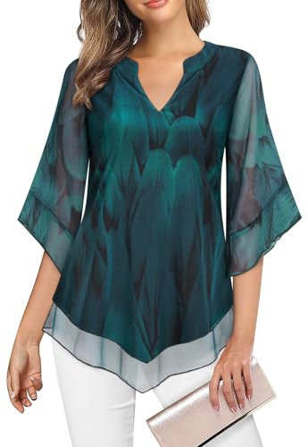 ACDAY Plus Size Tops for Women UK Ruffle 3/4 Sleeve V Neck Chiffon Blouses Ladies Summer Top Elegant Floral Tops Mesh Blouse Shirts for Women Wedding Cocktail Party Evening Top A-Green