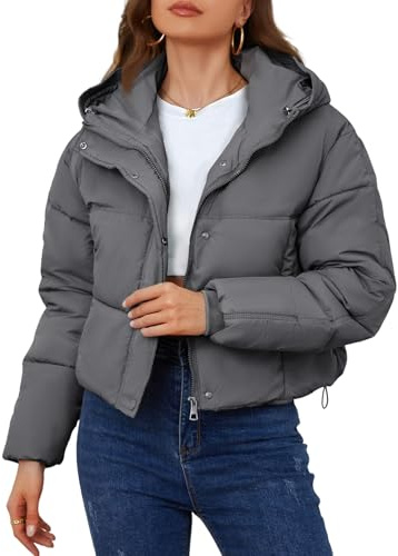 Yimoon Women's Cropped Puffer Jacket Hooded Zip Up Quilted Short Padded Coat Lightweight Winter Warm Outwear(DarkGrey-S), Small, Darkgrey