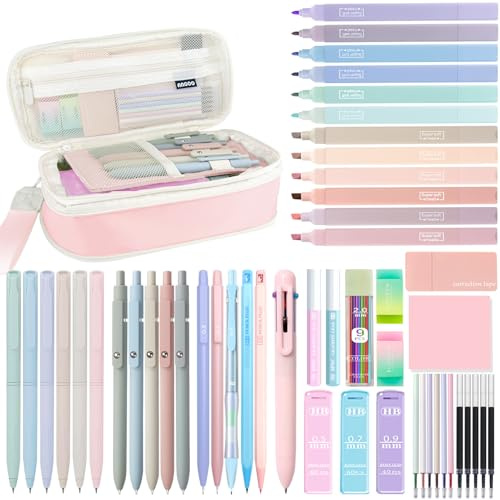 54Pcs Aesthetic School Supplies Set with Large Pastel Pencil Case 12 Dual Tip Highlighters, 6 Gel Pens, 5 Black Pens, 5 Mechanical Pencils (0.5-2.0mm) for Students Stationary College Essentials Gifts
