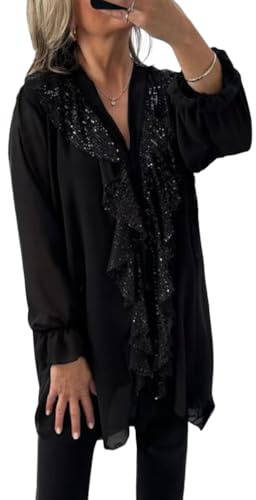 ORANDESIGNE Chemisiers en Mousseline Femme Blouses à Paillettes Brillant Longue Chemisier Manches Longues Col en V Chic et élégant Tunique Longue Unie Haut Ample Mini Robe A Noir M
