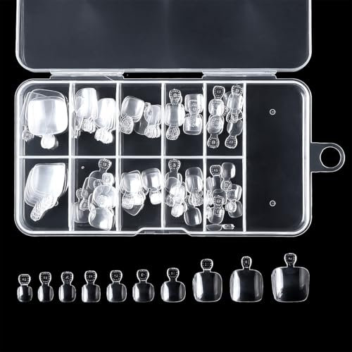 WUSJCOF 100 Pezzi Unghie Finte Autoadesive per Piedi, Copertura Totale Acrilico Trasparente Unghie Artificiali per Donna Nail Art Fai da Te (10 Misure) (Trasparente)