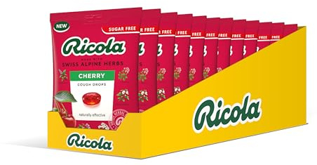 Ricola Cherry Cough Drops Bag, Pack of 12, Naturally Effective Throat Lozenges, Sugar Free Cough Sweets, 70 g