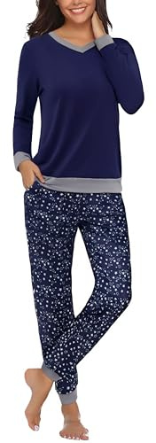 Aseniza Women's Pyjamas Set Cotton Long Sleeve Pjs for Ladies Comfy Sleepwear Loungewear Two Piece Top & Bottoms with Pockets A-Dark Blue S