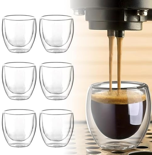 Fiacvrs 6pcs Espresso Cups,Double Wall Borosilicate Glass Espresso Cups,80ml Latte Glass Caffee Cup,2.7oz Glasses Coffee Mugs for Tea Dessert,Anti-Scald Glasses Coffee Cup(Transparent)