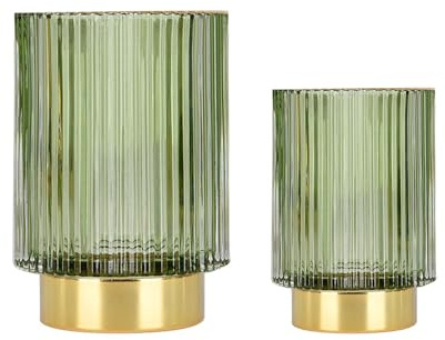 VTCFANA Green Makeup Brush Holder Organiser 2 Pack Cosmetic Organiser, Glass Makeup Storage, Toothbrush Holder, Make Up Storage Holder Pen Pencil Holder Striped Vase, (S+L)