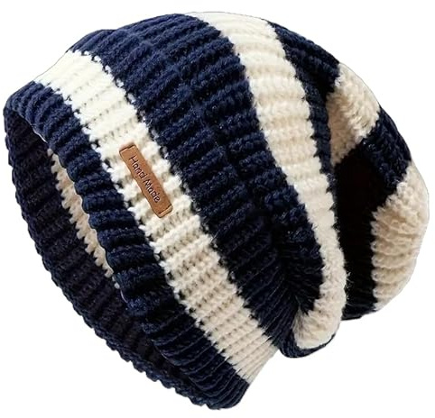 Unisex Knitted Winter Beanie Hat, Striped Pattern, Soft Warm Lightweight Knit for Winter and Autumn, Slouchy Style for Outdoor and Casual Attire (UK, Alpha, One Size, Standard, Navy Blue and White)