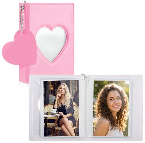 Geehua Photocard Reliure pour cartes photo, mini album photo de 9 cm, couverture creuse en forme de cœur, petit porte-carte photo avec pendentif et 32 pochettes pour cartes photo (rose)