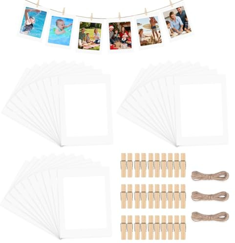 30 Pieces 4x6 Inch Paper Photo Frames, Cardboard Photo Frames | String and Pegs for Photos, with 30 Wooden Clips and 3x1.8m Ropes, for Home Wall Decor, DIY Wall Picture Frame White