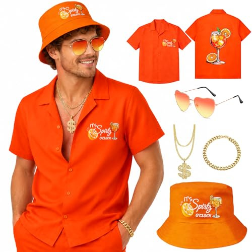 Maazusa Costume de spitz - Lot de 5 pièces - Orange Spritz - Chemise pour homme - Chapeau de pêcheur - Cœur - Lunettes de soleil - Bracelet pour été, Halloween, carnaval, fête à thème (XL)