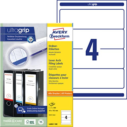 AVERY Zweckform L6061-100 etiketter för mapp (400 ryggskyltar med ultragrip, 59 x 192 mm på A4, bred/kort, självhäftande, helt ogenomskinlig, tryckbara mappetiketter) 100 ark, vit