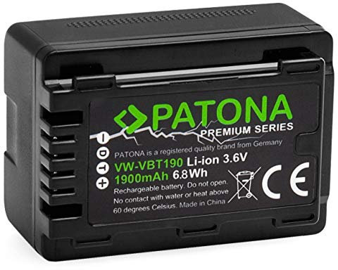 PATONA Premium Akku VW-VBT190 Ersatz für Panasonic VW VBT190 VBT380 VBK180 VBK360, 1900mAh, Langlebig & Leistungsstark, Kompatibel mit Panasonic HC-V110GK HC-W570GK HC-WXF1 Kameras