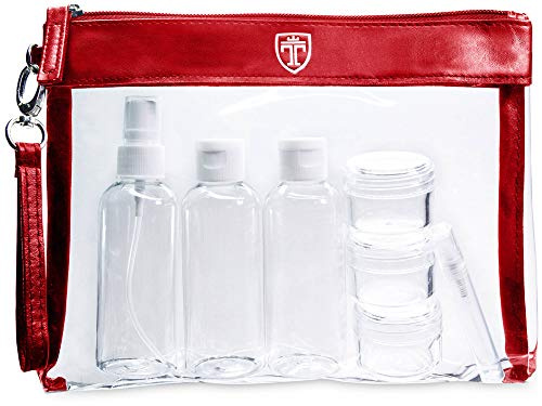 TRAVANDO Trousse de Toilette Transparente + 7 Bouteilles, Pots, Contenants pour Liquides - Kit de Voyage 1l pour l’Avion - Set de Voyage dans Bagages à Main - Sac Cosmétiques pour Hommes et Femmes