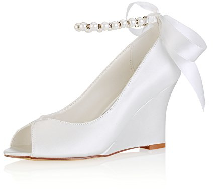 Emily Bridal Ivory Wedding Shoes Silk Peep Toe Pearls Wedge Bridal Shoes (EU40/UK7, Ivory)