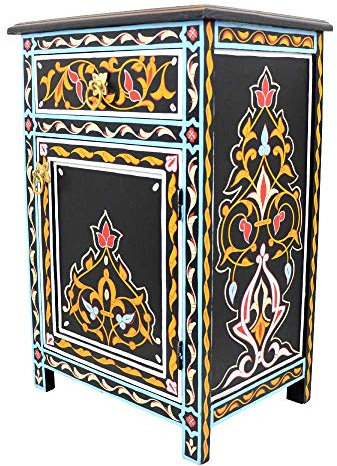 L´Orient Marokkanische Kommode Menara aus Vollholz Schwarz Handbemalt H 68 cm 1 Schublade 1 Tür | Antik Vintage Orientalische Sideboard Anrichte | Echtes Kunsthandwerk aus Marrakesch
