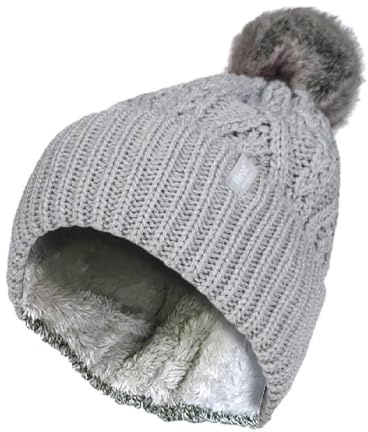 HEAT HOLDERS - Ladies Chunky Ribbed Cuffed Thermal Winter Pom Pom Bobble Beanie Hat with Fleece Lining (One Size, Light Grey (Solna))