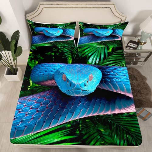 Erosebridal Snake Bedding Set Twin, Blue Snake Fitted Sheet, 3D Reptile Bed Cover, Blue Scales Bed Set, Palm Leaf Wild Animal Stylish Fitted Sheet for Kids Boys Teens Man Bedroom Decor