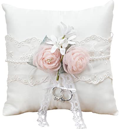 MagiDeal Trauringe Kissen Schmuckkissen Ringe Trägerkissen Vintage für Hochzeit, mit 2 Stück Blumen