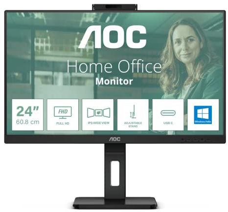 AOC 24P3CW - 24 Zoll Full HD Monitor, 5 MP Webcam, höhenverstellbar, Lautsprecher (1920x1080, 75 Hz, HDMI, DisplayPort (in/out), USB-C (65W PD), RJ45, USB Hub) schwarz