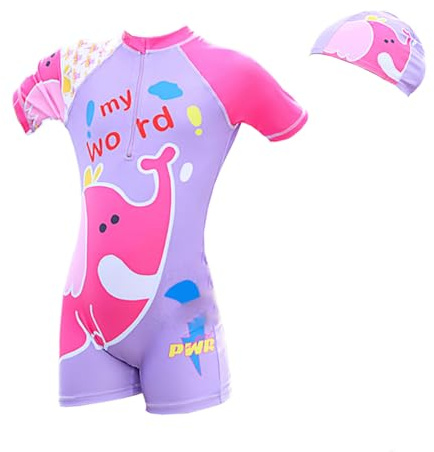 NautySaurs Traje de baño para niña de una pieza para niños, traje de baño con gorro de baño, Elefante Púrpura, 8-9 Años