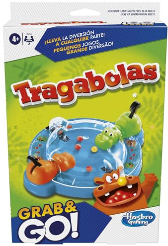 Hasbro Gaming Tragabolas Grab and Go - Gioco portatile per 2 giocatori - Gioco per bambini da viaggio - Include 2 ippopotami comiloni - Versione spagnolo-portoghese