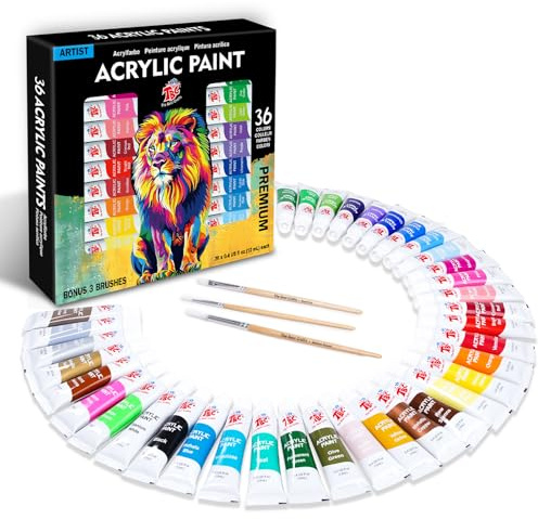 TBC Acrylfarben Set 36 x 12ml Acrylic Paint Set Grundlegende und Metallische Farben Wasserfest und Lichtecht Schnell Trocknend, für DIY Stein, Keramik, Holz, Papier