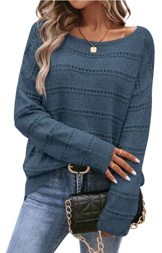 CFLHN Suéteres de cuello barco para mujer de manga larga, tops de suéter de otoño, pullover casual de punto calado (pointelle), color azul oscuro 2XL