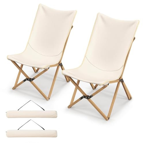 GOPLUS 2er Set Liegestuhl klappbar, Gartenstuhl Klappstuhl aus Bambus bis 150kg belastbar, Campingstuhl ohne Armlehne leicht tragbar mit Tragetasche, Strandstuhl für Camping Picknick Angeln (Weiß)